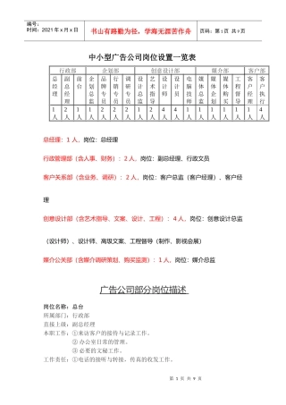 中小型广告公司岗位设置一览表