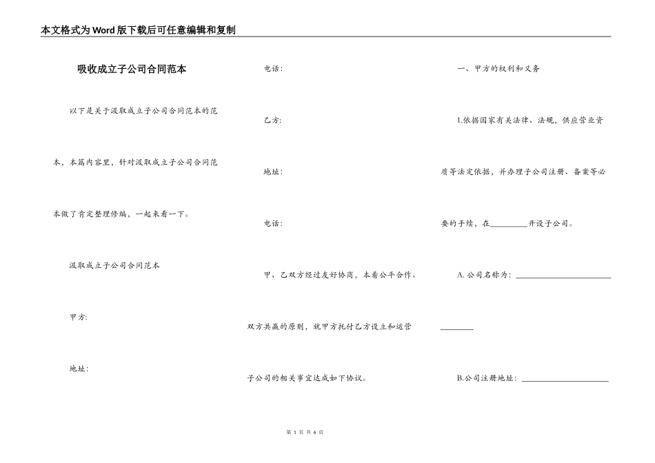 吸收成立子公司合同范本_第1页