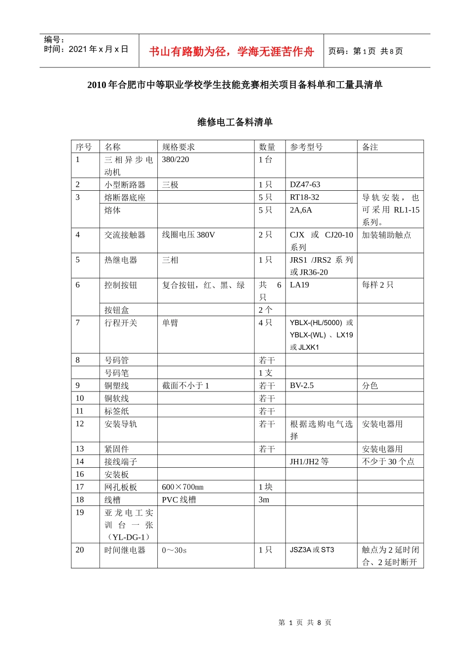 中等职业学校学生技能竞赛相关项目备料单和工量具清单_第1页