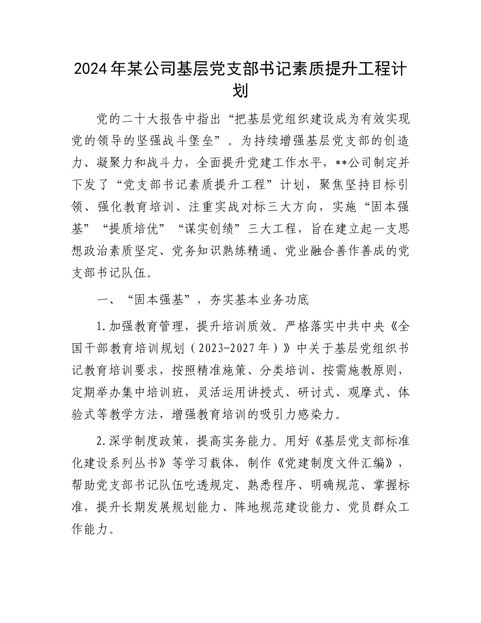2024年某公司基层党支部书记素质提升工程计划_第1页
