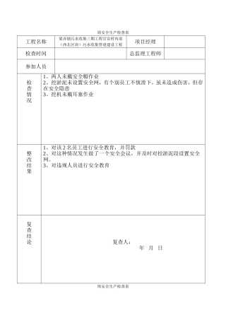 污水收集管道建设工程周安全生产检查表