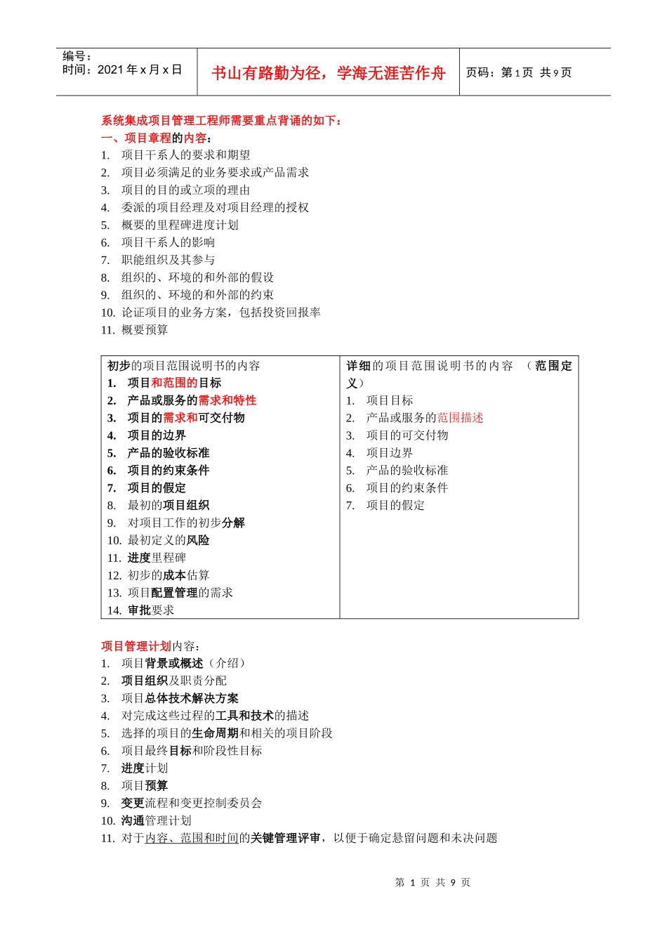 (重要)系统集成项目管理工程师重点背诵_第1页