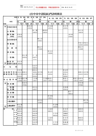 (台中市中清院区)门诊时间表