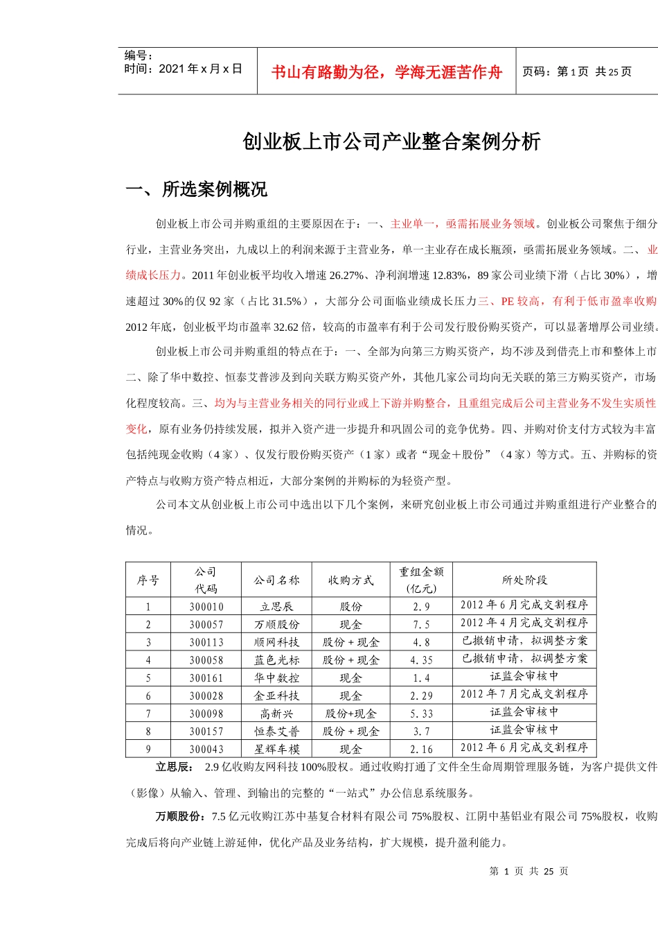 (精)创业板上市公司产业整合案例分析_第1页