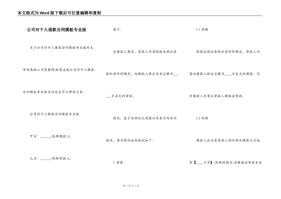 公司对个人借款合同模板专业版_第1页