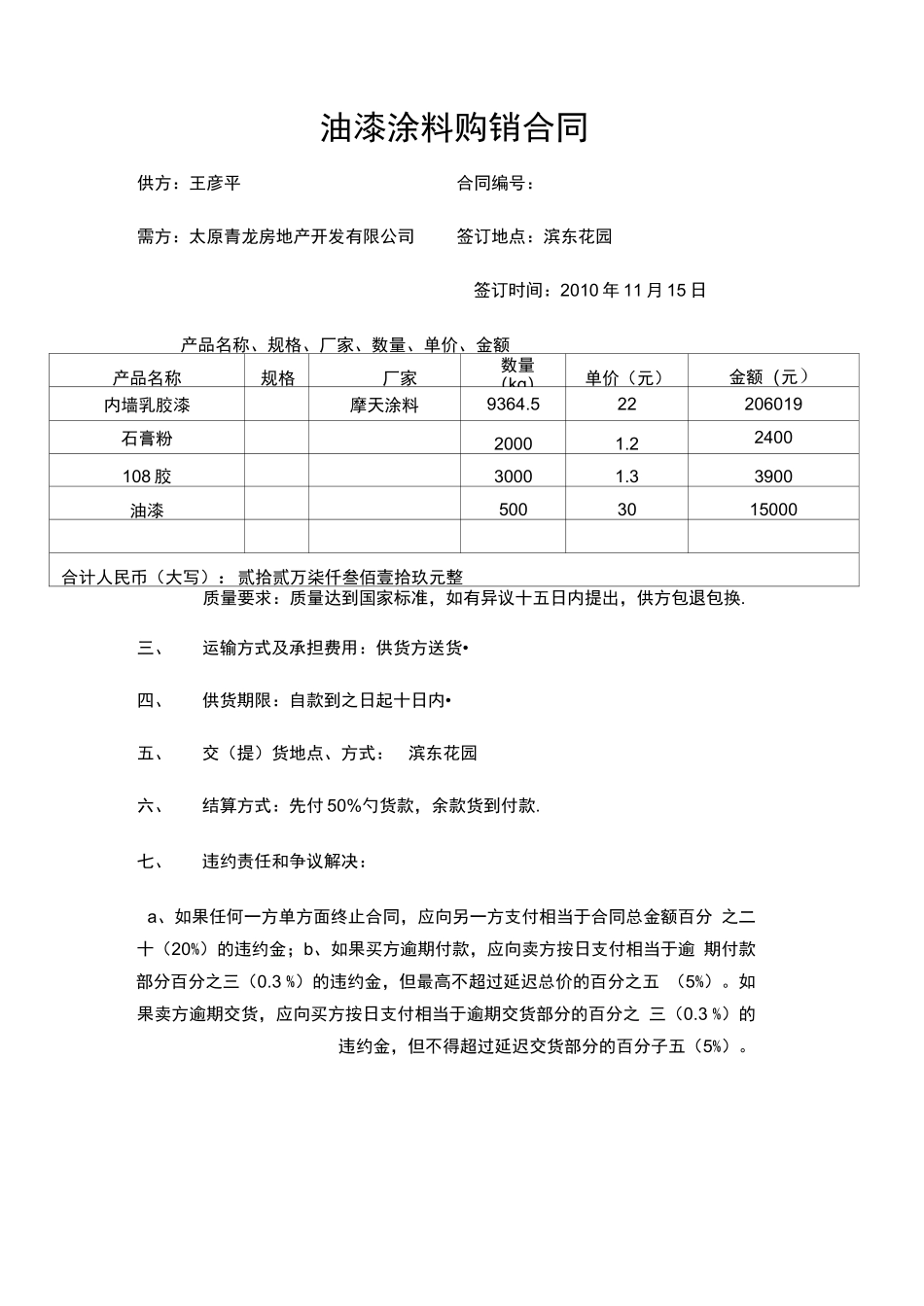 油漆涂料购销合同样版_第1页