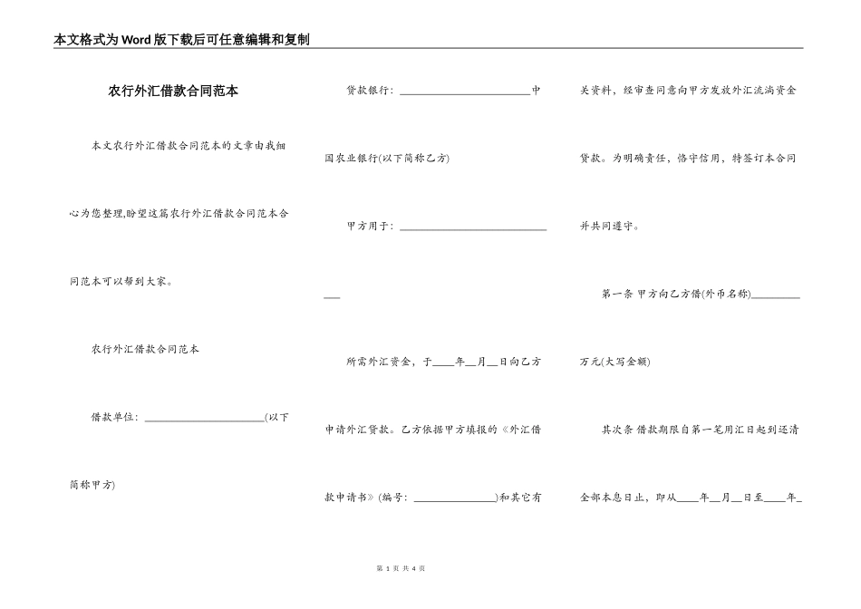 农行外汇借款合同范本_第1页