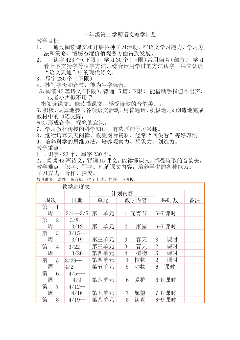 一年级第二学期语文教学计划_第1页