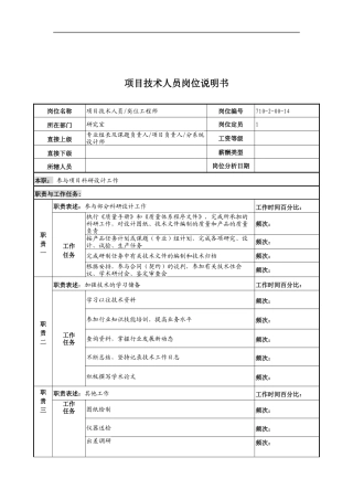 中船重工研究所项目技术人员岗位说明书