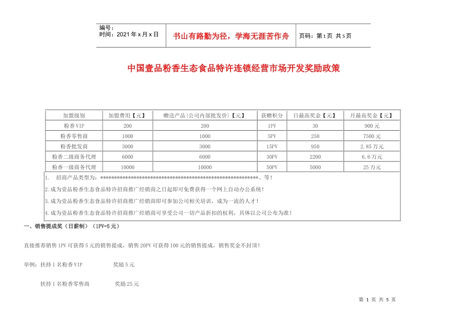 中国壹品粉香生态食品特许连锁经营市场开发奖励政策_第1页