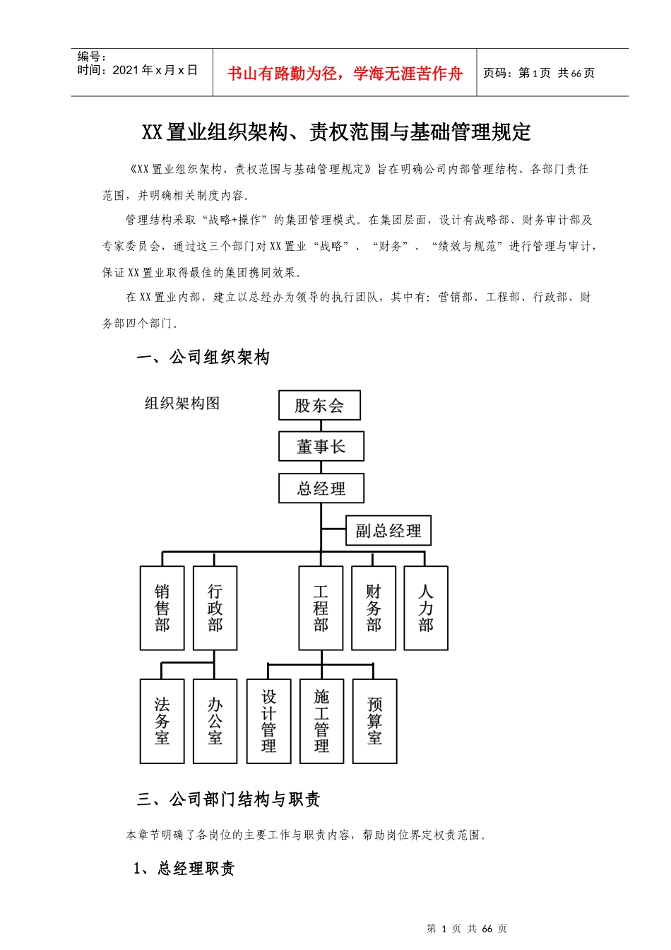 中小型房地产公司组织架构、职责范围与管理制度_第1页