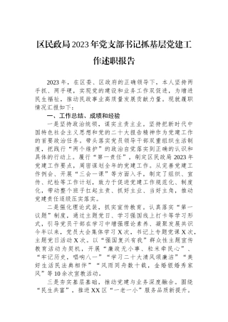 区民政局2023年党支部书记抓基层党建工作述职报告