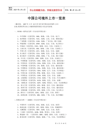 中国公司境外上市一览表