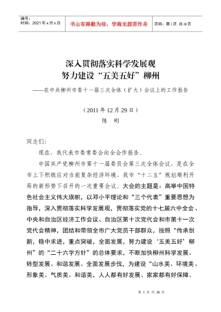 中共柳州市委十一届三次全体(扩大)会议上的工作报告