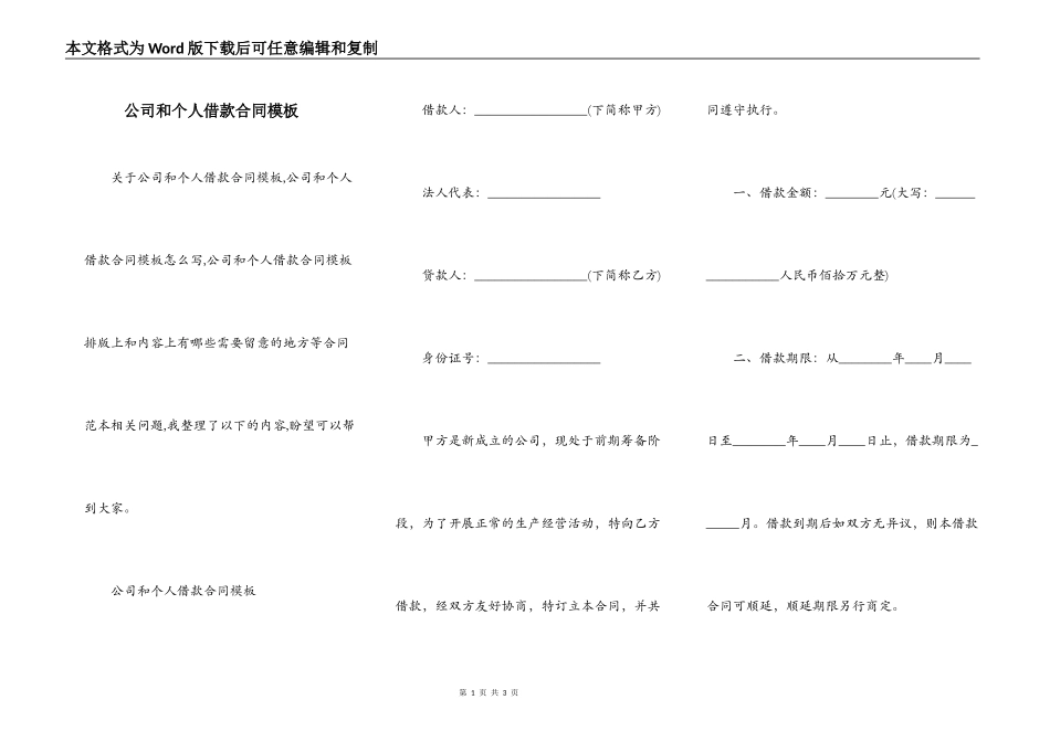 公司和个人借款合同模板_第1页