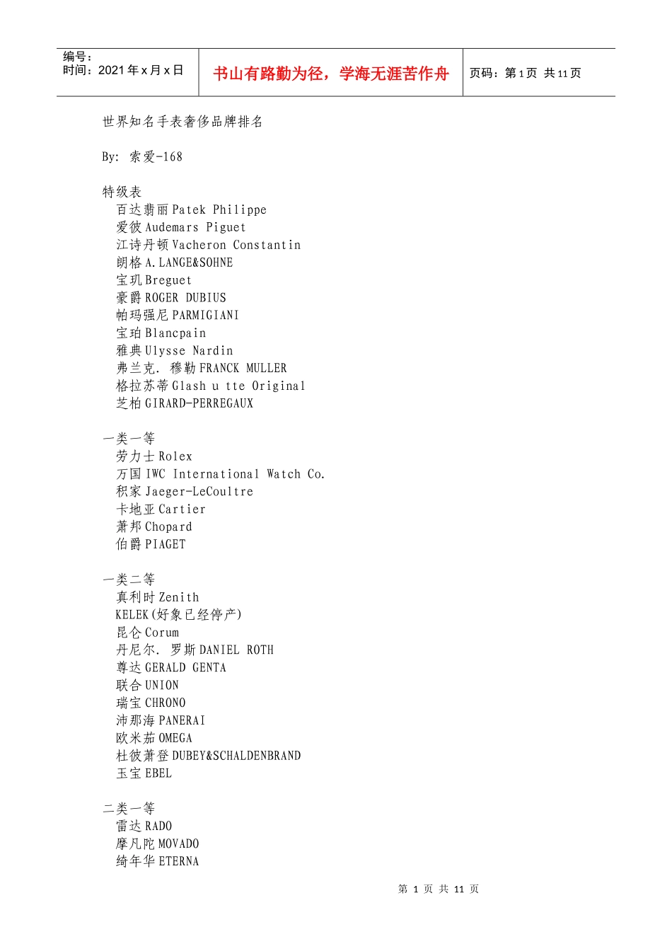 世界知名手表奢侈品牌排名_第1页