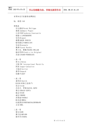 世界知名手表奢侈品牌排名