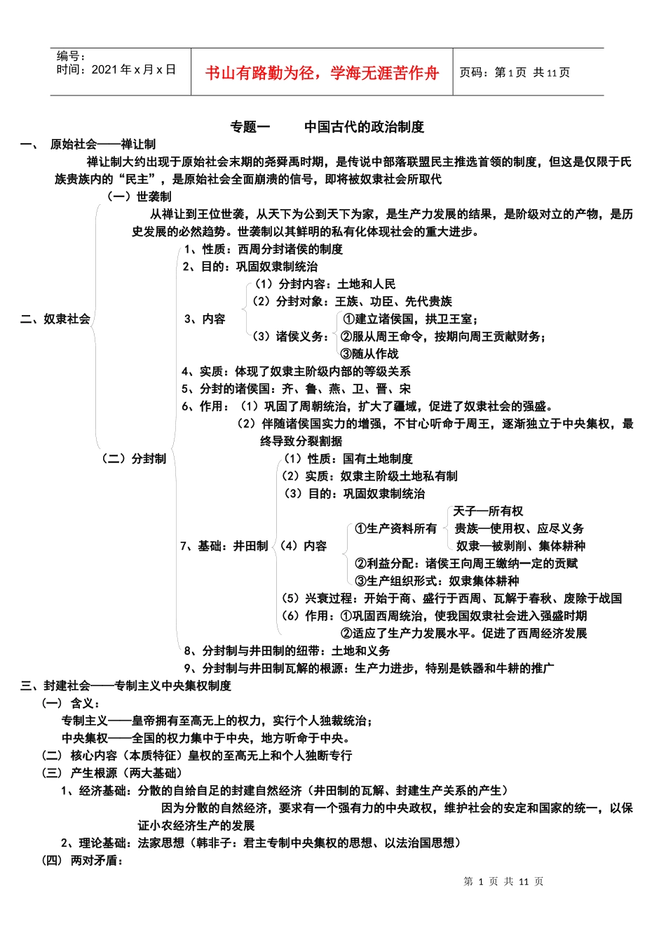 专题一 中国古代的政治制度_第1页