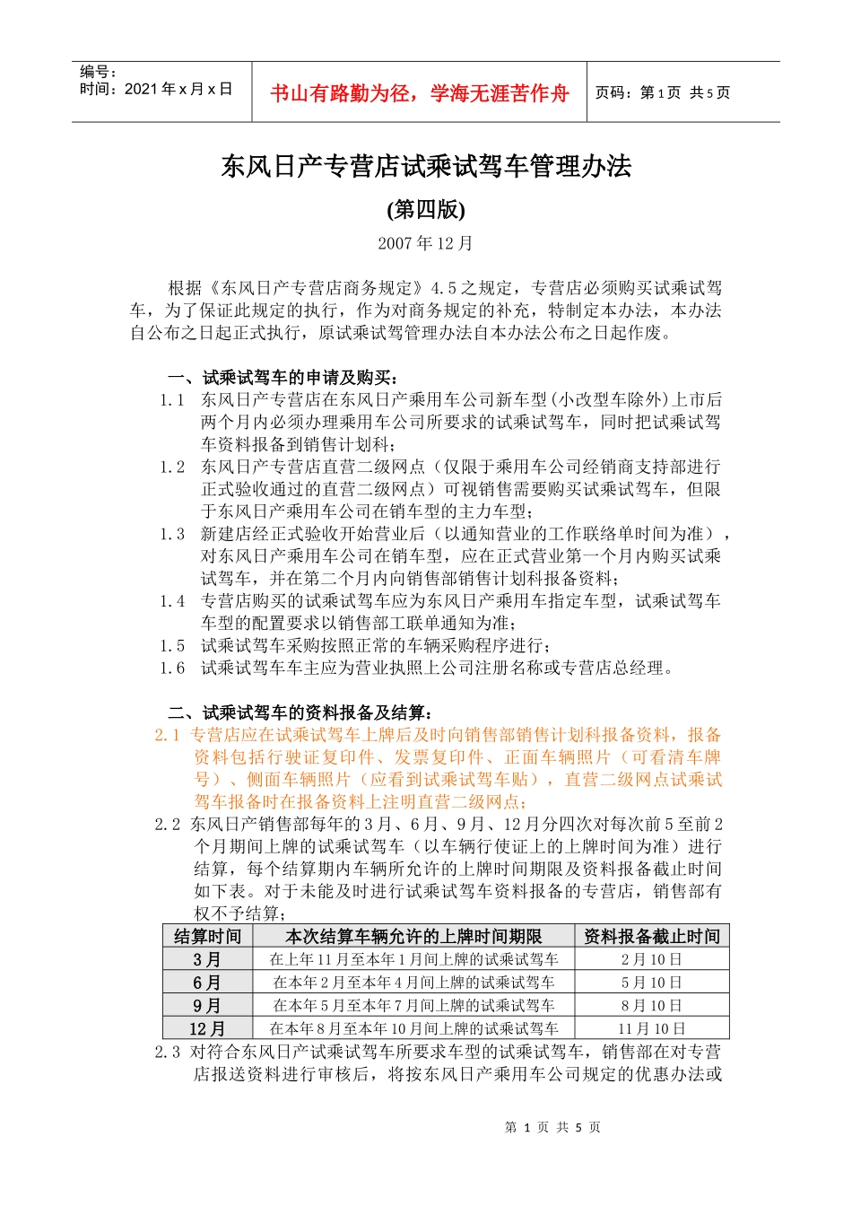 东风日产专营店试乘试驾车管理办法_第1页