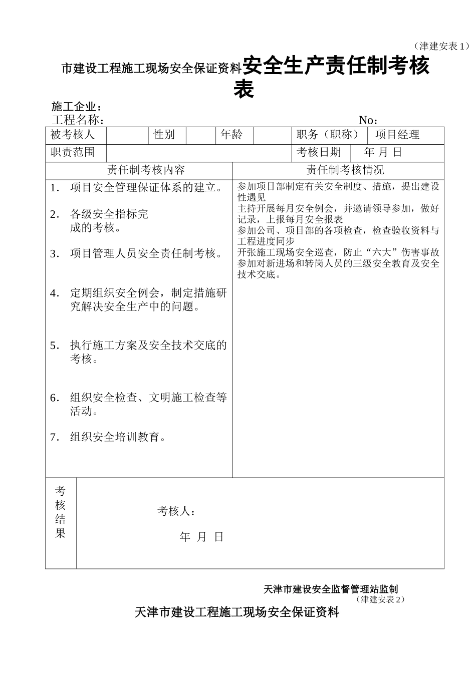 市建设工程施工现场安全保证资料安全生产责任制考核表_第1页