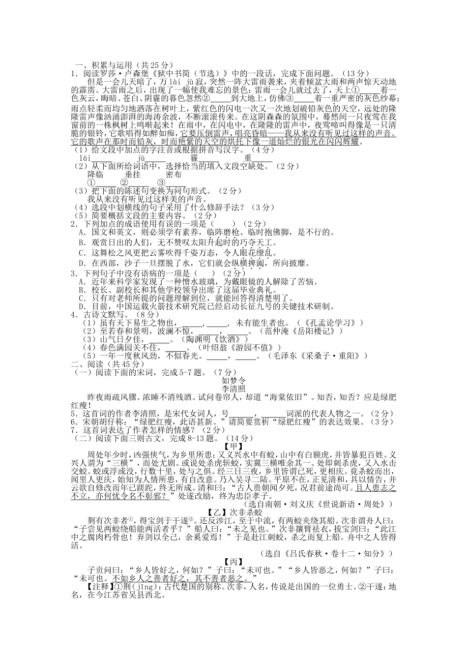 山东省枣庄市2024年初中学业水平考试语文试卷_第1页