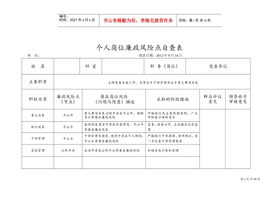 个人岗位廉政风险点自查表(DOC35页)_第1页