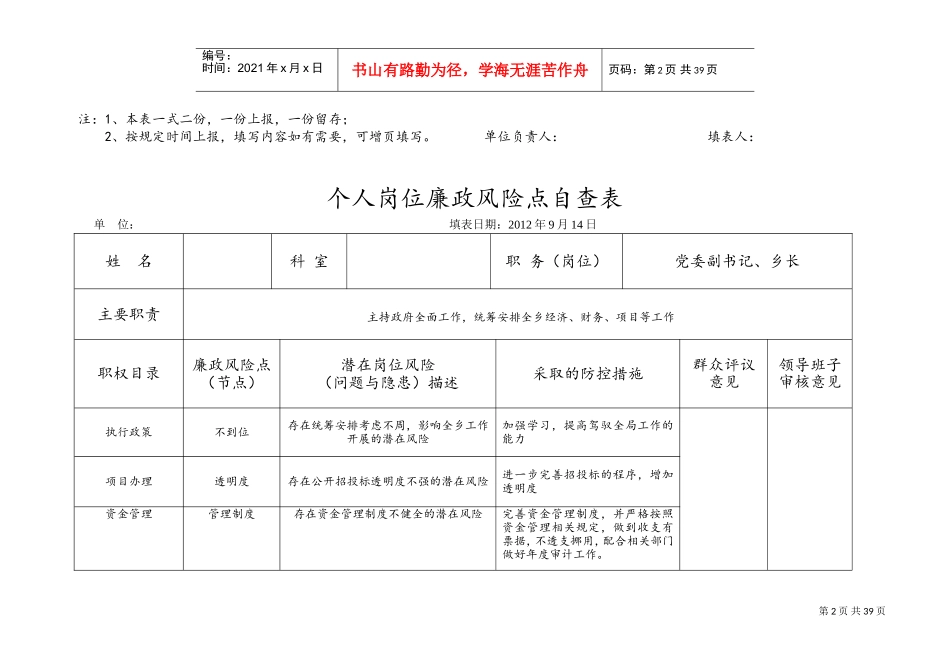 个人岗位廉政风险点自查表(DOC35页)_第2页