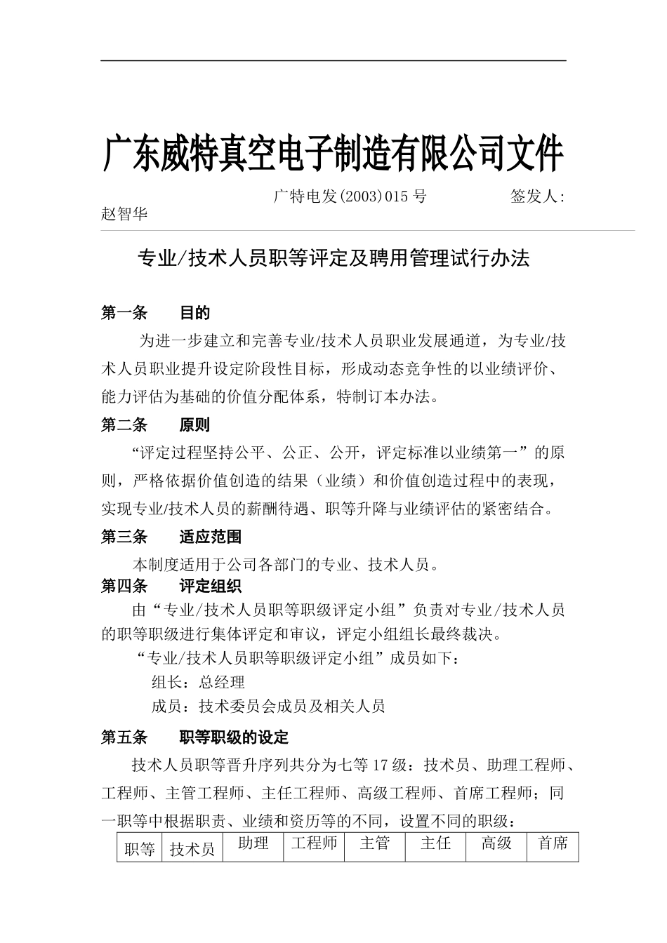 专业及技术人员职等评定及聘用管理试行办法（DOC11页）_第1页
