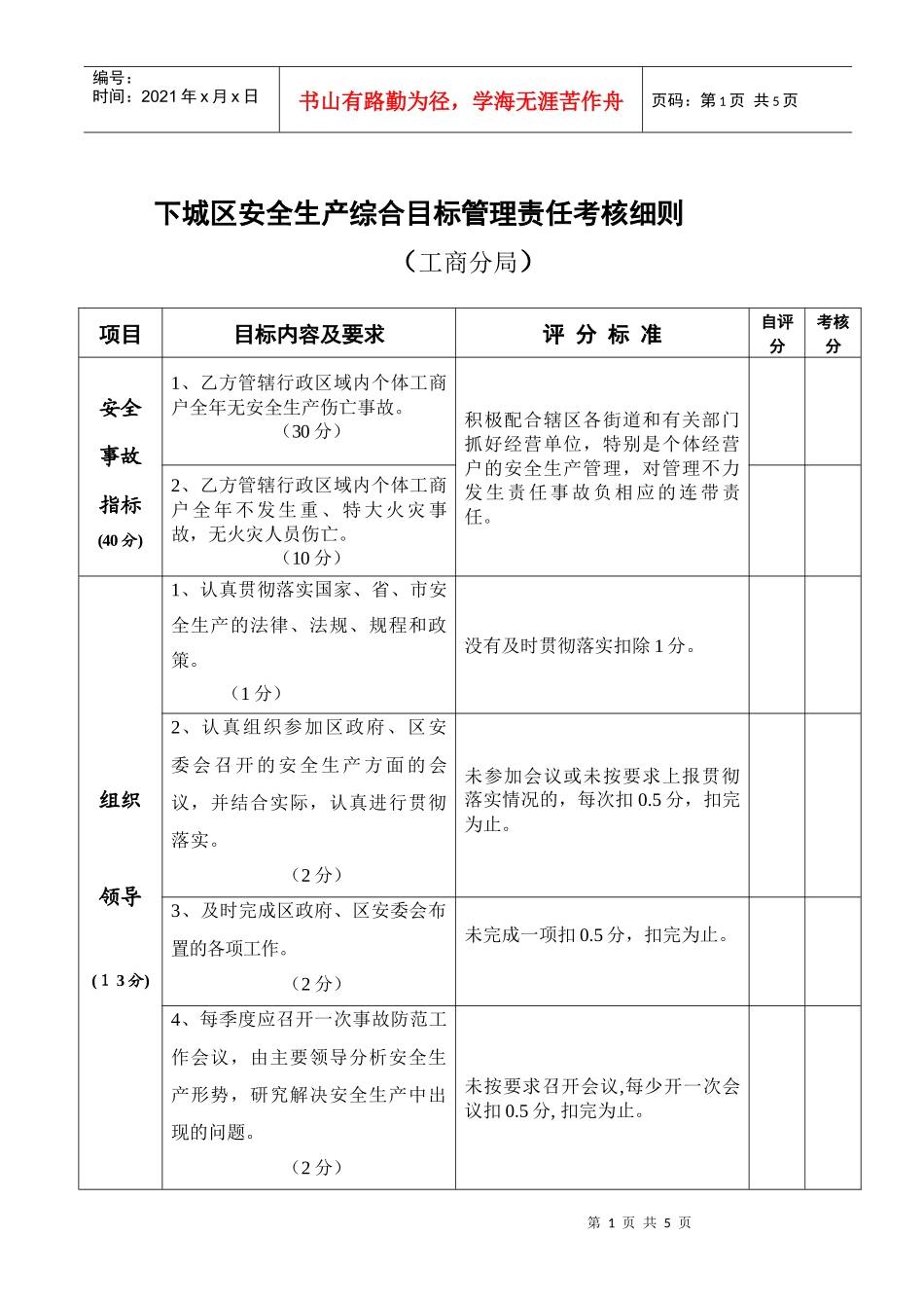 下城区安全生产综合目标管理责任考核细则_第1页