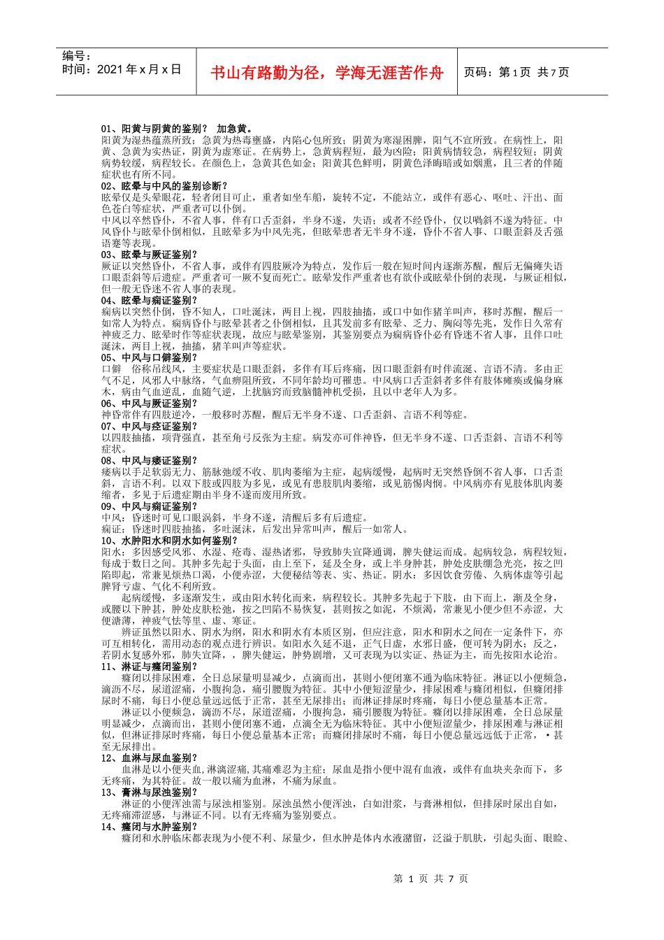 中医内科鉴别诊断重点复习题_第1页