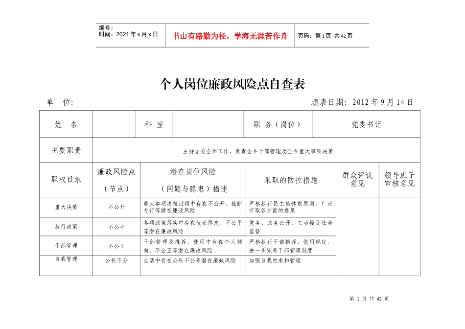 个人岗位廉政风险点自查表_第1页