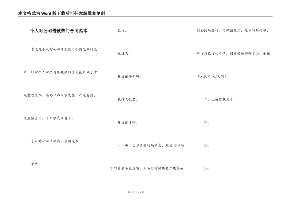 个人对公司借款热门合同范本_第1页