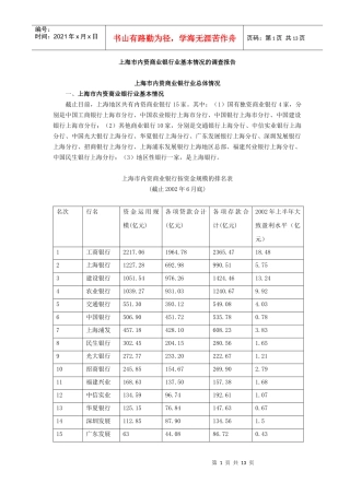 上海市内资商业银行业基本情况的调查报告