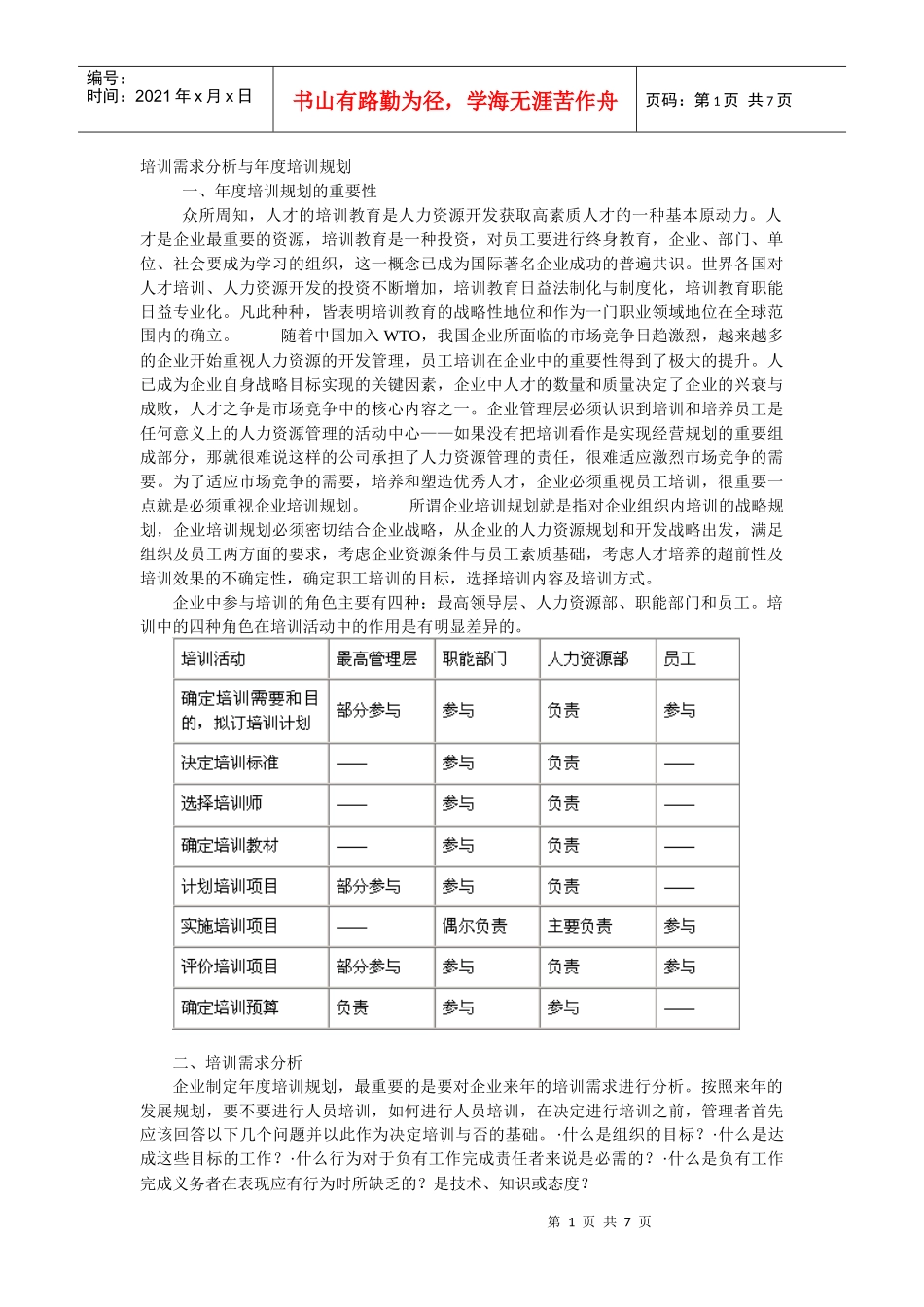 【服务管理】培训需求分析与年度培训规划_第1页