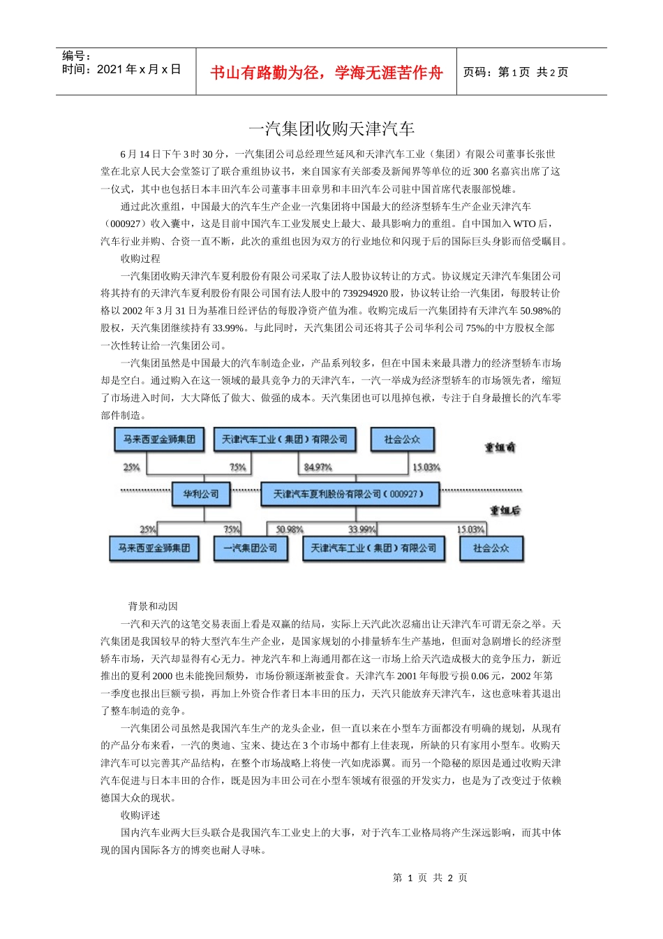 一汽集团收购天津汽车_第1页
