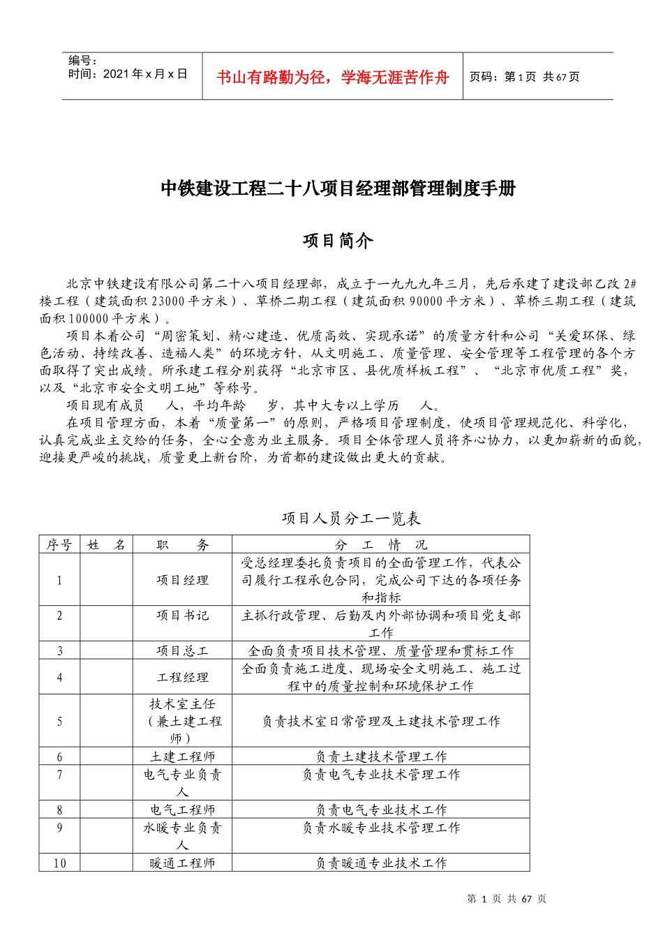 【项目经理管理制度】-中铁建设工程二十八项目经理部管理制度手册_第1页