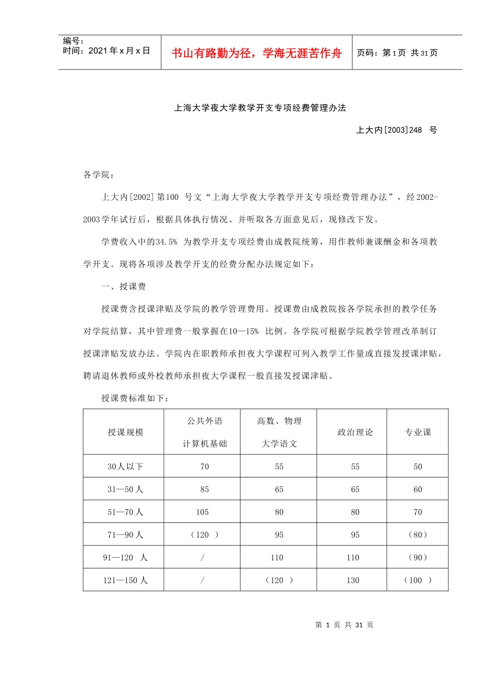 上海大学夜大学教学开支专项经费管理办法_第1页