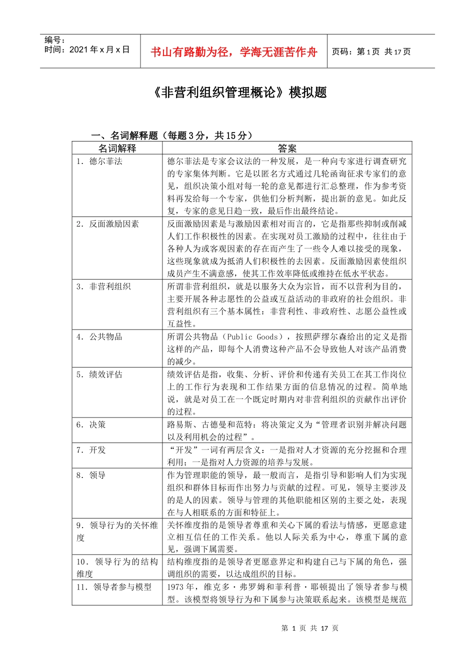 《非营利组织管理概论》模拟题1（100分）_第1页
