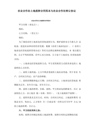 农业合作社土地流转合同范本与农业合作社转让协议