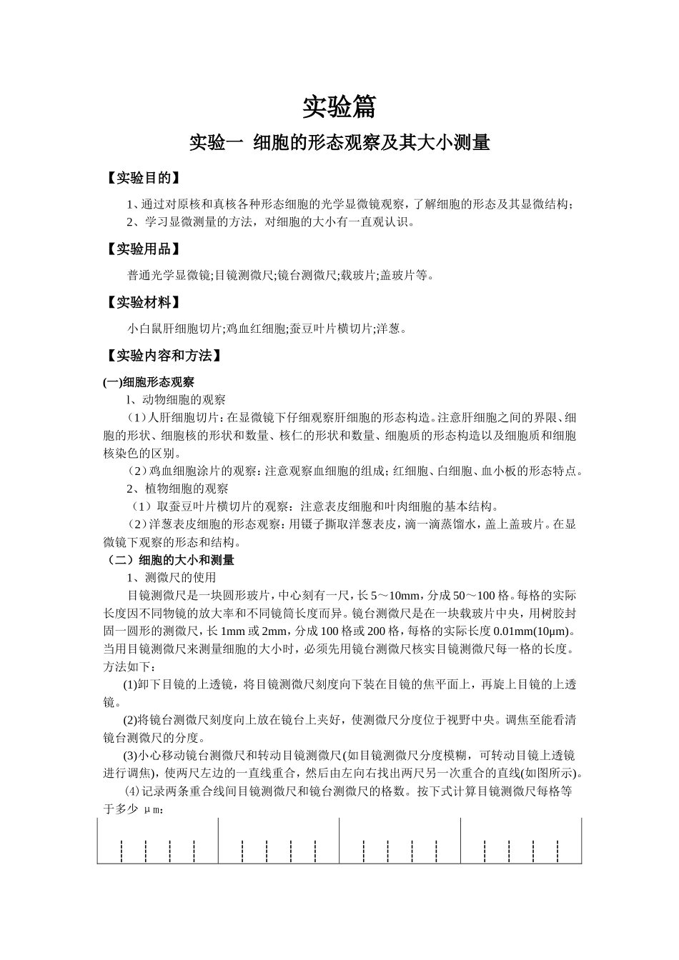 细胞的形态观察及其大小测量中学生物实验篇汇总_第1页