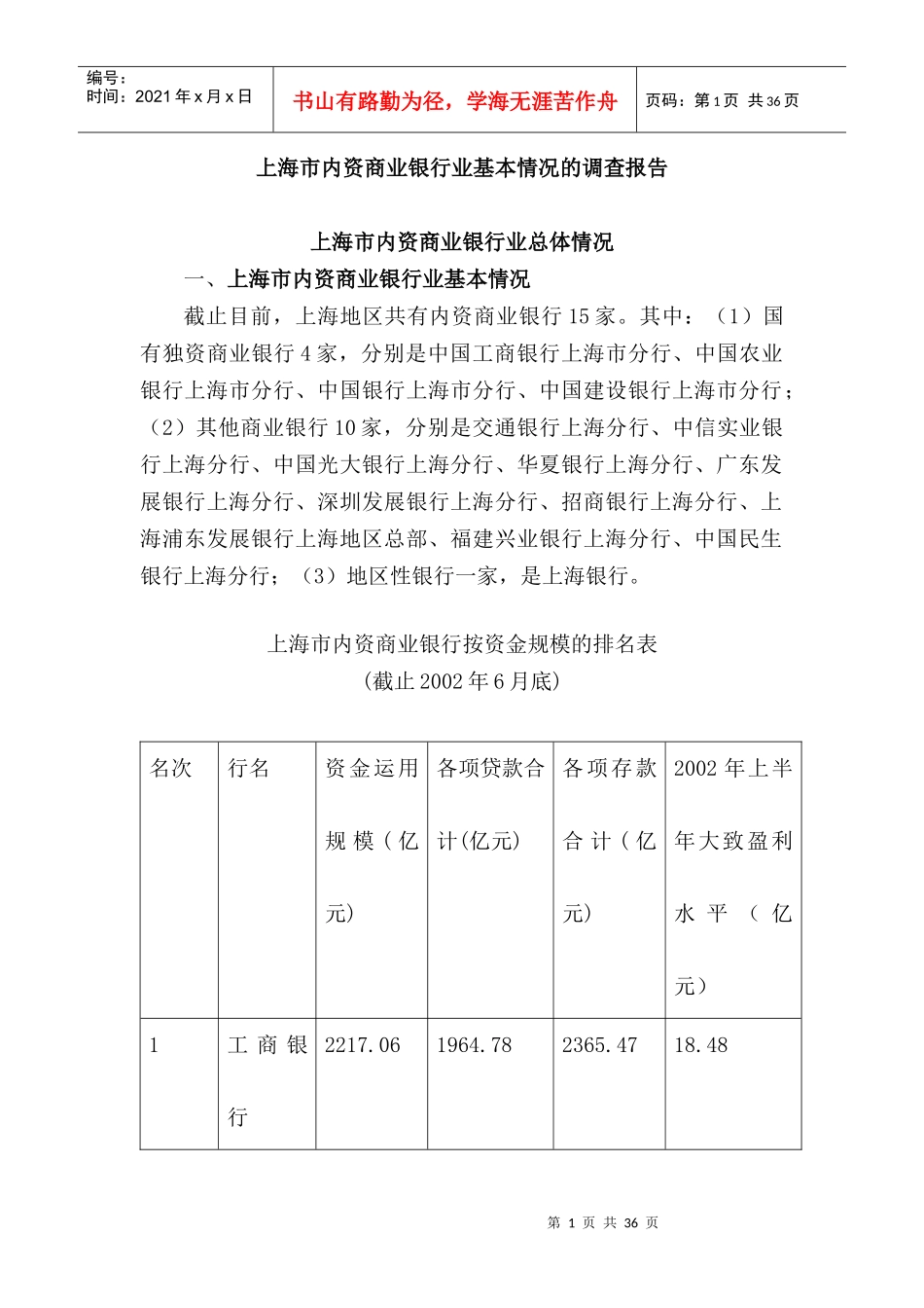 上海市内资商业银行业基本情况的调查报告(doc26页)_第1页