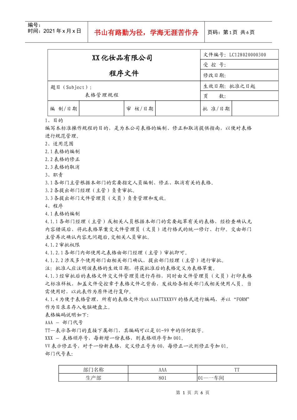 【企业管理】xx化妆品有限公司表格管理规程(doc)_第1页