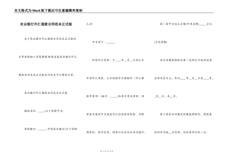 农业银行外汇借款合同范本正式版_第1页