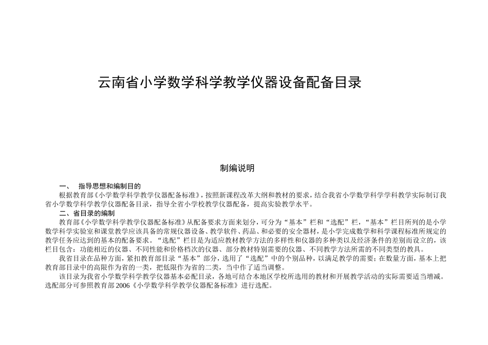 云南省小学数学科学教学仪器设备配备目录梳理汇总_第1页