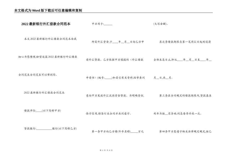 2022最新银行外汇借款合同范本_第1页