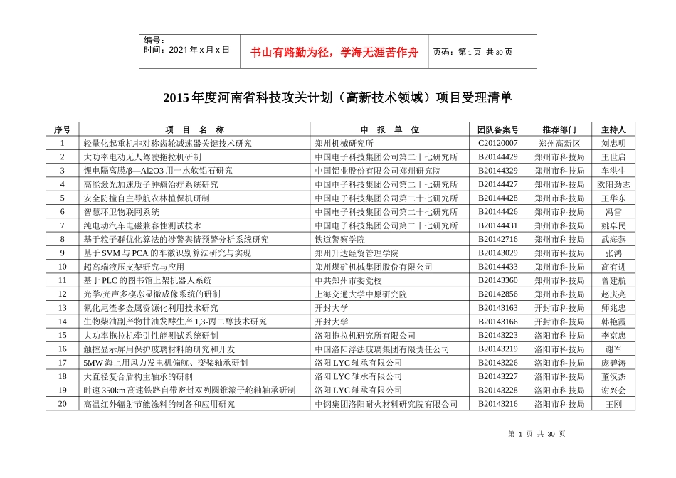 年度河南省科技攻关计划高新技术领域)项目受理清单_第1页