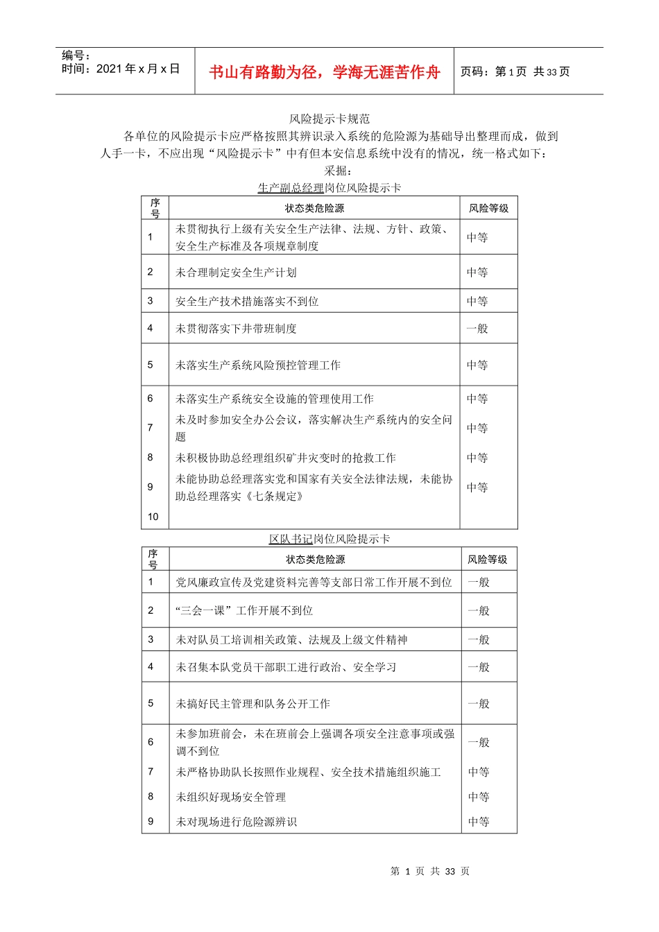 《采掘)风险提示卡》规范_第1页