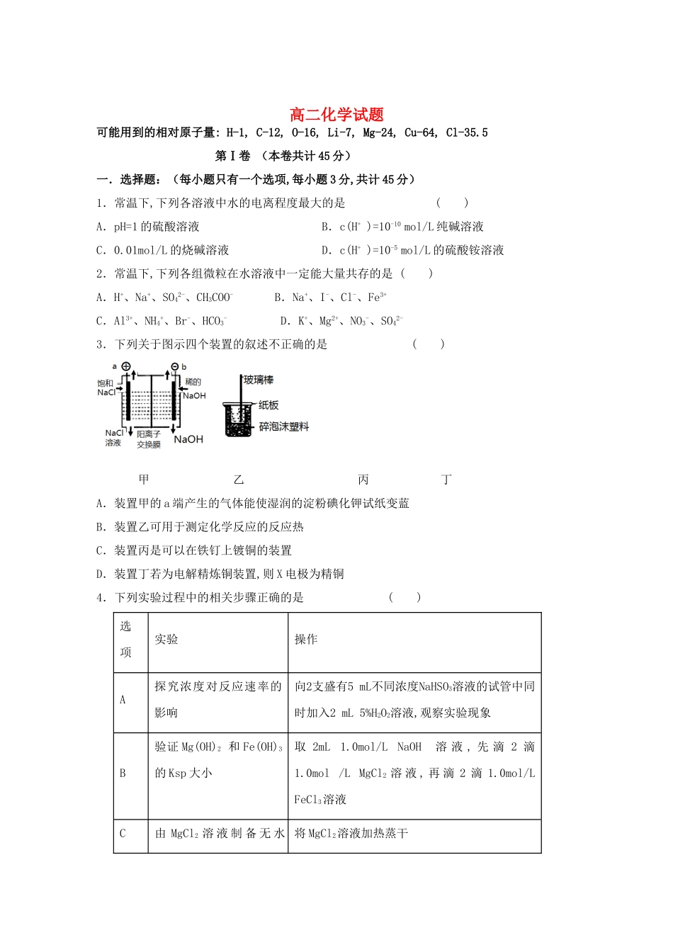 厦门外国语学校2024学年第二学期期中考试高二化学试题_第1页