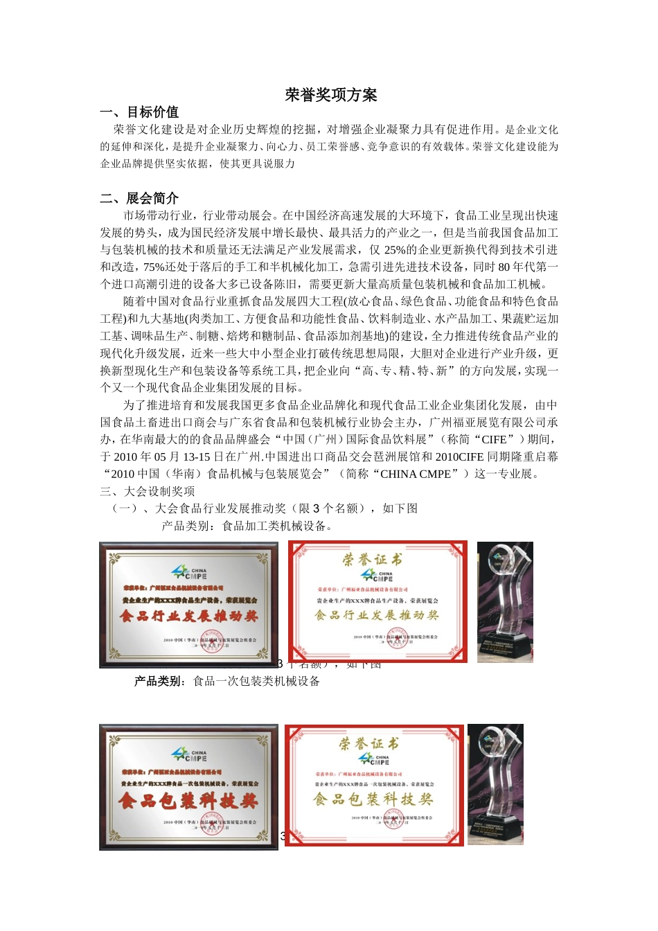 中国（华南）食品机械与包装展览会荣誉奖项方案_第1页