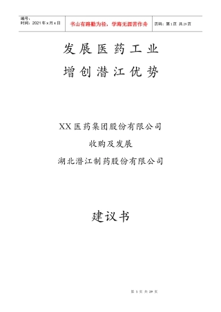 XX医药集团股份有限公司收购及发展湖北XX制药股份有限公司建议书(doc39)(1)